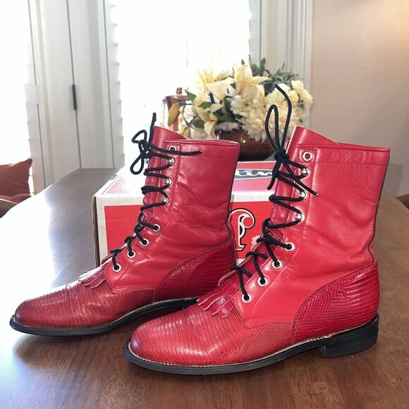 Vintage 1994 Justin Red Lizard & Kipskin Kilted Roper Boots Women’s 7.5B Rare - Picture 4 of 14